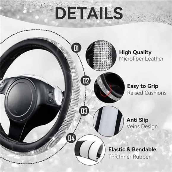 7 Pc Steering Wheel Cover Car Accessories Silver Diamond Crystal Rhinestone Gift - Picture 2 of 6